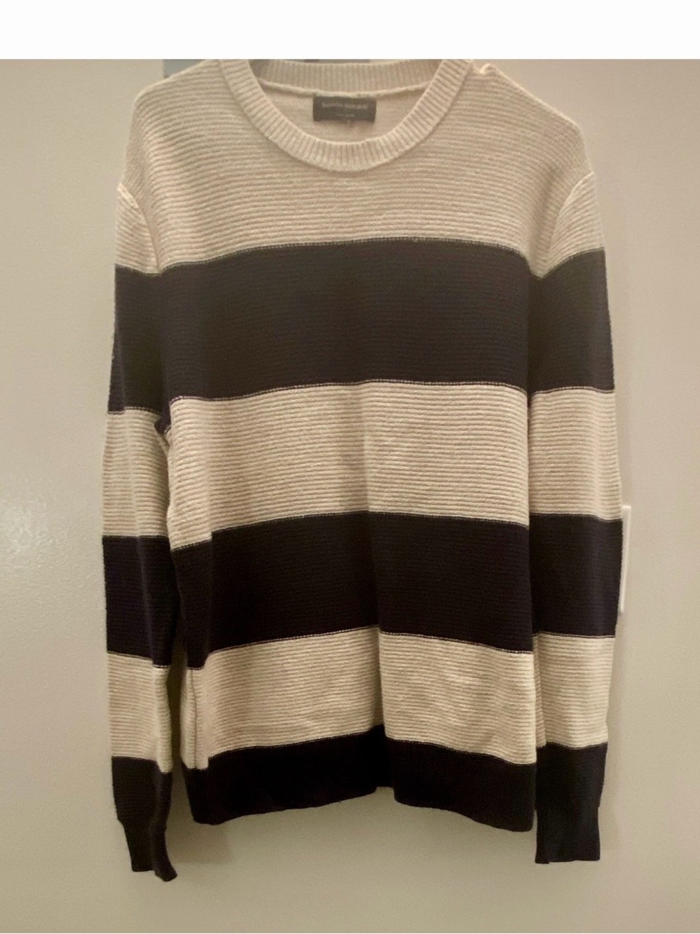 Men's Navy and Cream Wide Stripe Crewneck Sweater